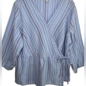 Time & Tru XL 16-18 Blue Wrap V-Neck Peplum Blouse Top